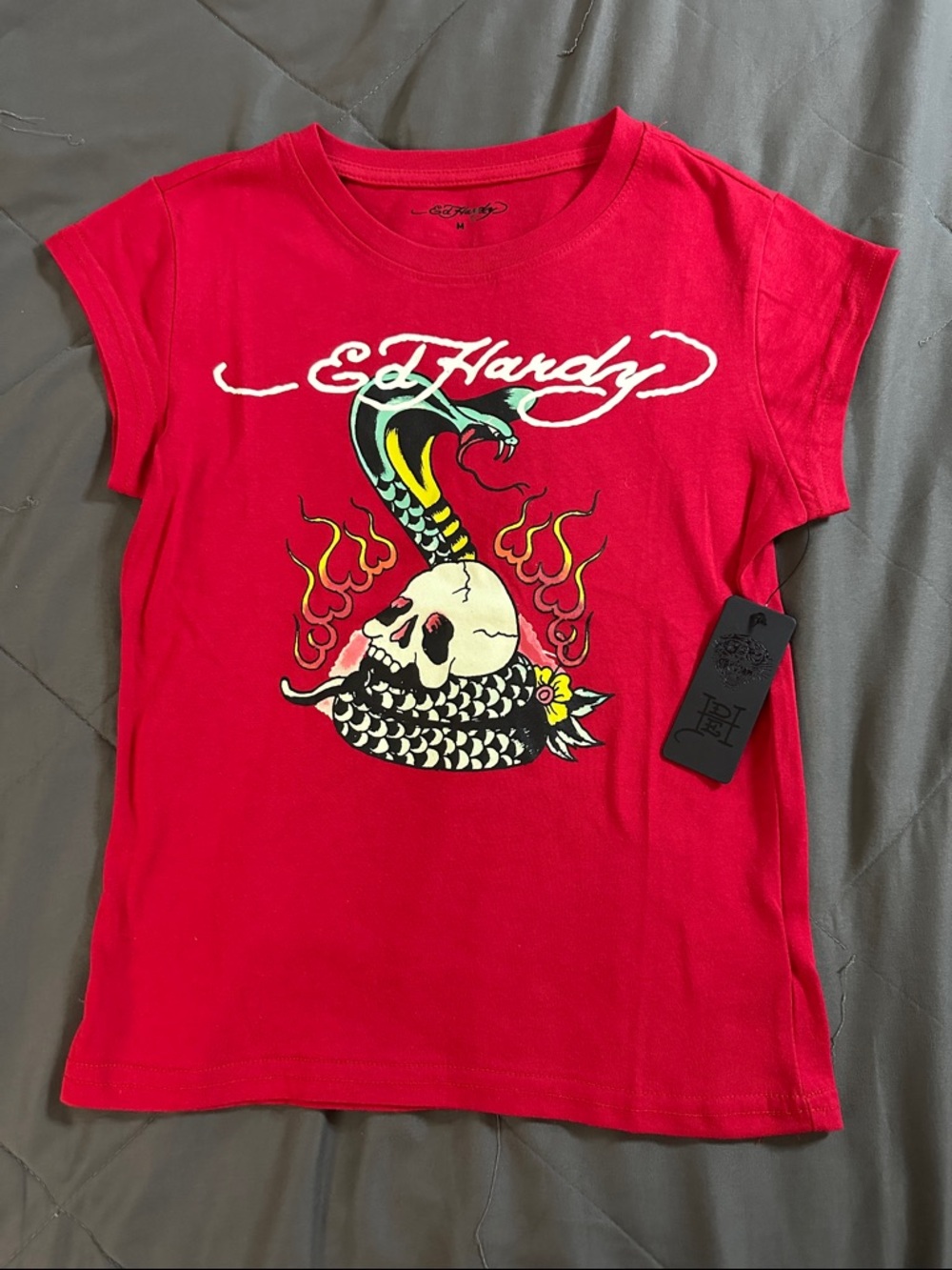 Ed Hardy Red Short Sleeve Tee size medium with Snake, Skull & Flame Graphic